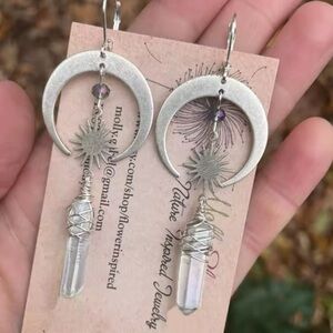 Celestial Gothic Moon And Star Quartz Crystal Earrings